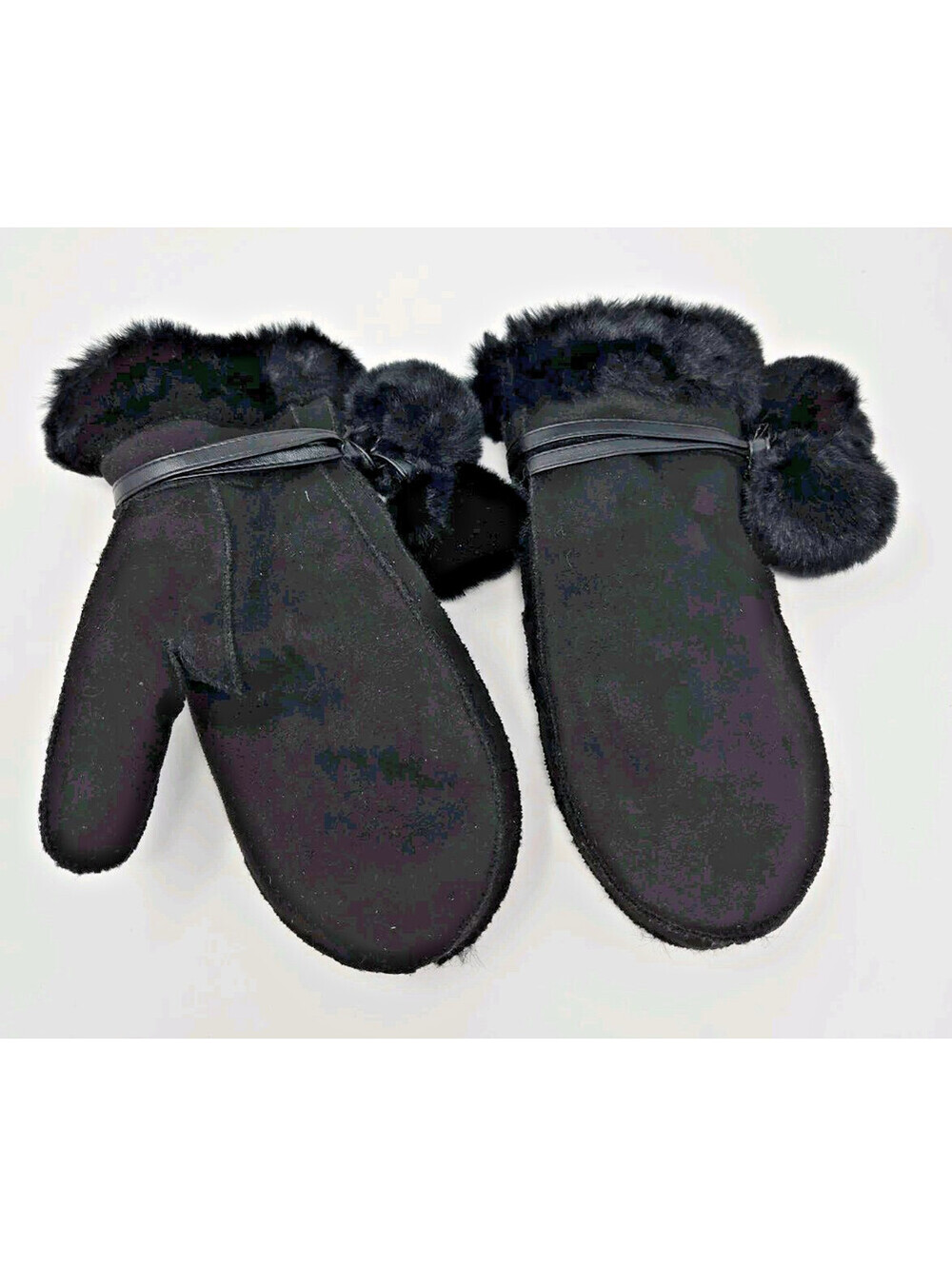 Surell Faux Fur Suede Mittens OS Lined Warm Adjustable Pom Wrist Straps